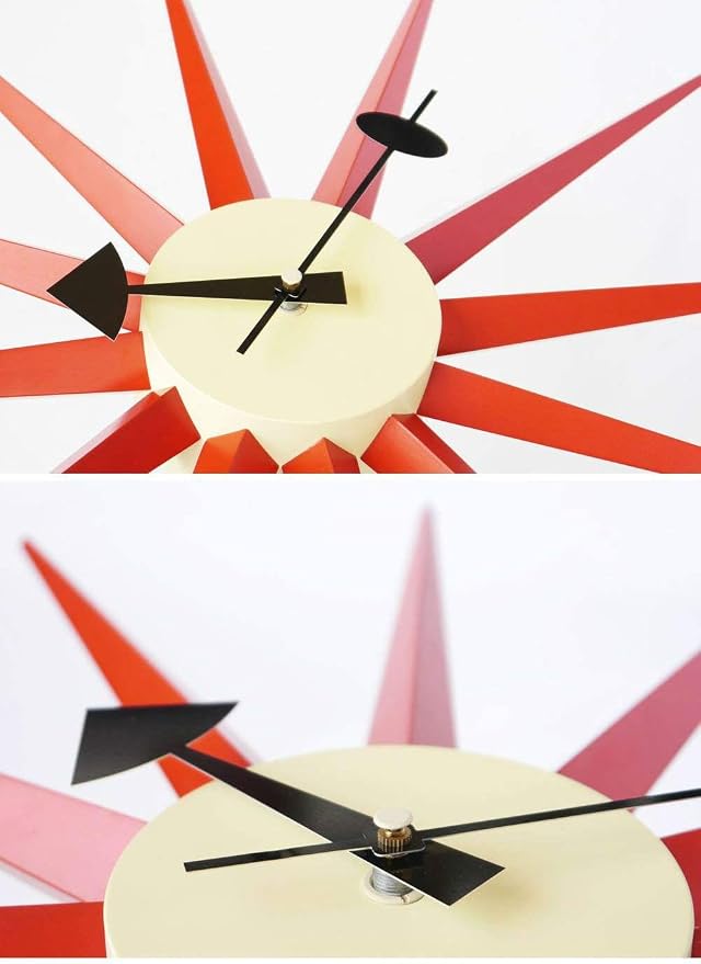 SHISEDECO Modern Sunburst Clock in Red Color, Non Ticking Wooden Mid Century Retro Design Decorative Silent Wall Quartz Clocks for Home, Living Room, Office and Bedroom etc.