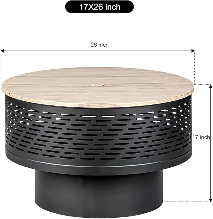 OutVue 26" Wood Burning Fire Pits with Grill & Lid, Fire Pit Table for Outside with Waterproof Cover & Fire Poker, Outdoor Firepit with Functions for BBQ,Table and Bonfire