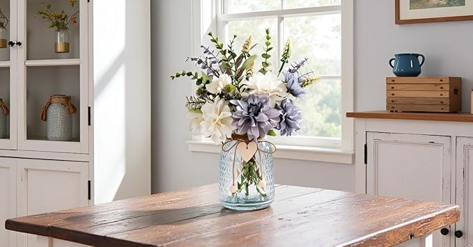 Artificial Flower Arrangement in Vase Table Centerpiece for Dining Room Home Office Wedding Decoration, Table Decoration Fake Plant Eucalyptus Flower for Home