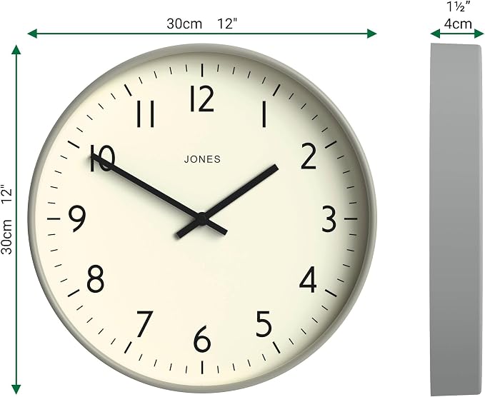 JONES CLOCKS® Studio Clock | Modern Round wall Clock | 12 inch | Gray | Easy to Read Numbers | Versatile Design for Kitchen, Living Room or Office