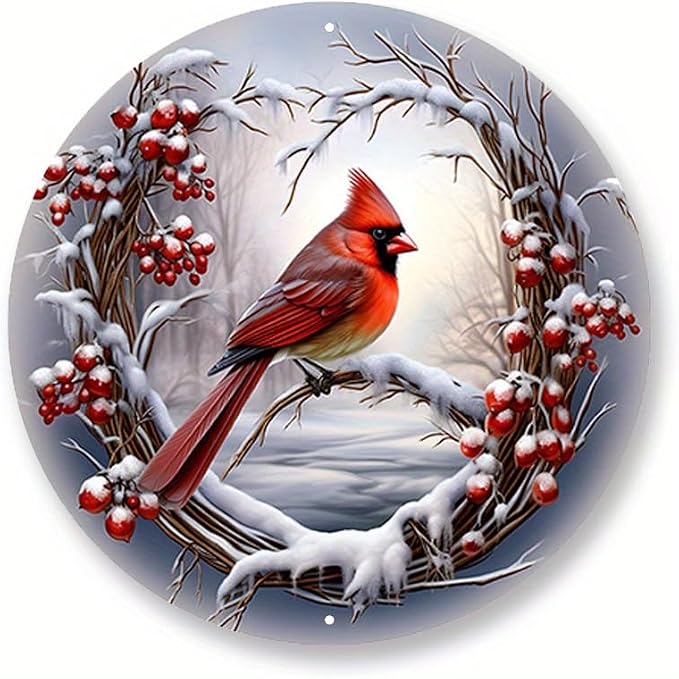 7.98x7.98inch Aluminum Cardinal Wreath Sign - Vibrant Gray & Red Bird Art - Durable Door Hanger for Festive Christmas & Winter Decor
