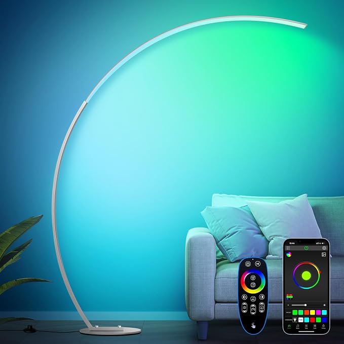RGB Floor Lamp with 3 Color Temperatures, Ultra Bright 1800LM Smart Arc LED Floor Lamp with Remote Control, Music Sync, Scene Modes, Modern Standing Tall Lamp for Bedroom Living Room-Brushed Nickel