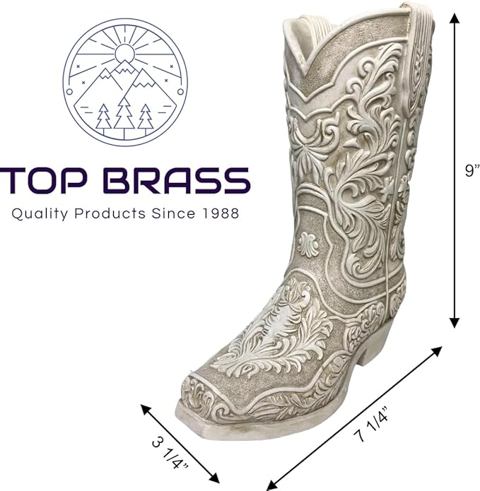 Cowgirl Boot Flower Vase – 9” Tall Antique White Finish with Intricate Tooled Leather Detailing - Decorative Western Cowboy Modern Rustic Decor