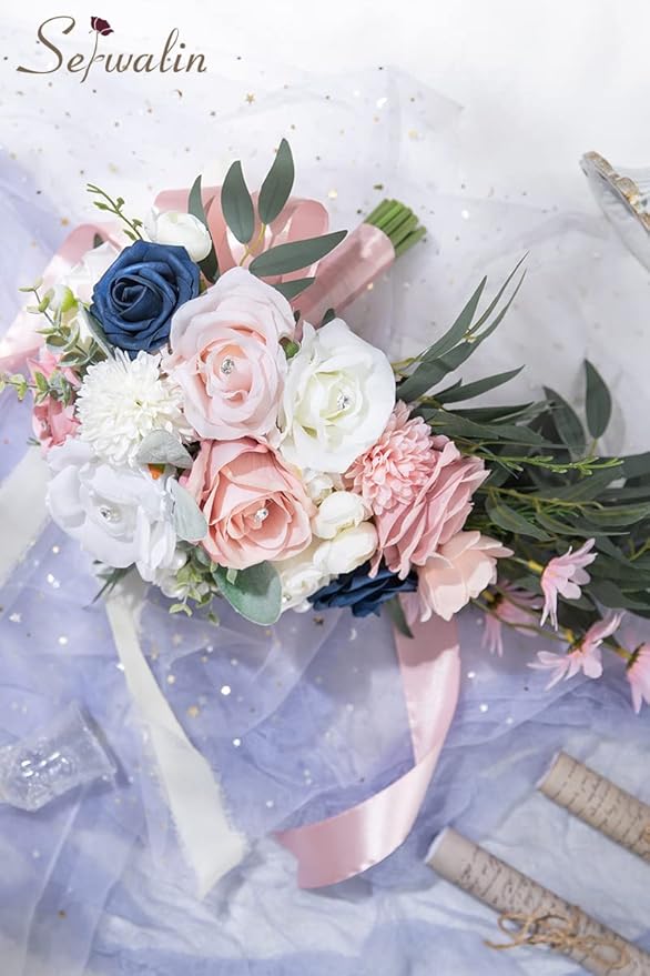 Serwalin 9.8 Inch Wedding Bouquets for Bride Bridesmaid, Pink Blue Rose Bridal Bouquets for Bride, Wedding Flowers Bouquet Tossing Bouquet, Wedding Ceremony and Anniversary Day Decor