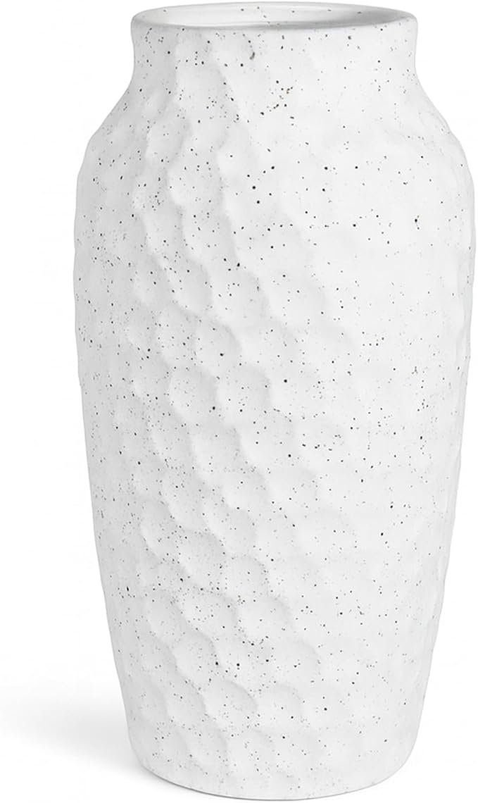 White Ceramic Vase for Flowers, Textured Speckled Hammered Finish Decorative Vase for Living Room, Table Centerpiece & Modern Home Decor