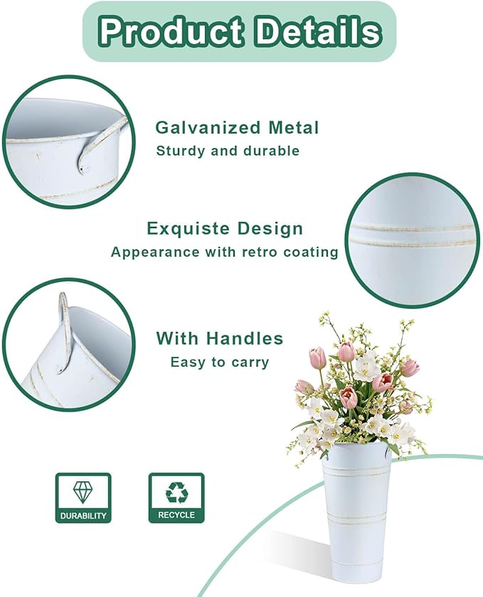 9 Inch Galvanized Metal Vases for Flowers - 6 Pcs Farmhouse Decorative Tall Flower Bucket with Handles, Rustic French Tin Planter Buckets for Wedding Decor (Vintage White)