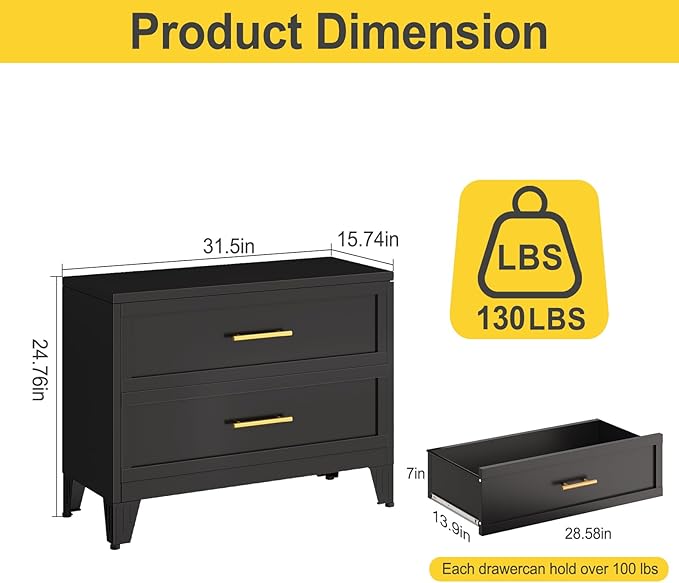 24.8" Tall Metal Dresser for Bedroom, 2 Drawer Nightstand, Side Table, Under Desk Steel Storage Drawer Cabinet, File Drawer for Home Office,Living Room, Entryway, Hallway