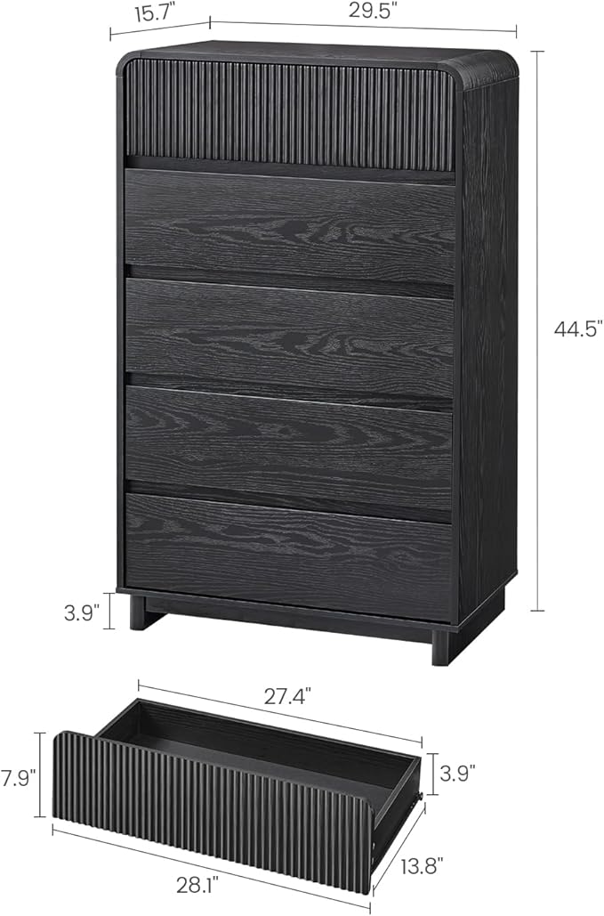 AOGLLATI Mid Century Modern 5 Drawer Dresser for Bedroom, 45" Tall Wood Fluted Dressers & Chests of Drawers with Curved Profile Design for Bedroom,Black