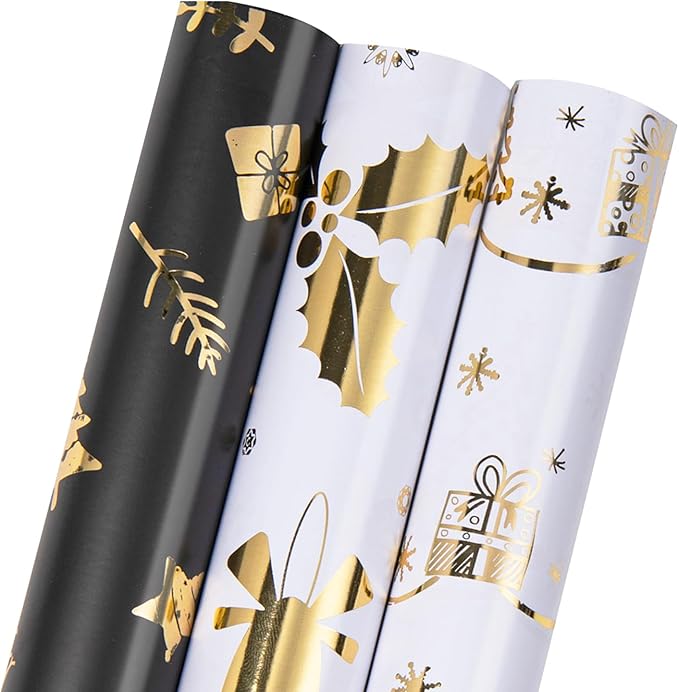 Linnoptimix Christmas Wrapping Paper Rolls -3 LARGE ROLL-27inch*78 inch per roll Colorful Foil Gold White Black Wrapping Paper (Christmas 2 White/Gold + 1 Black/Gold（004）)