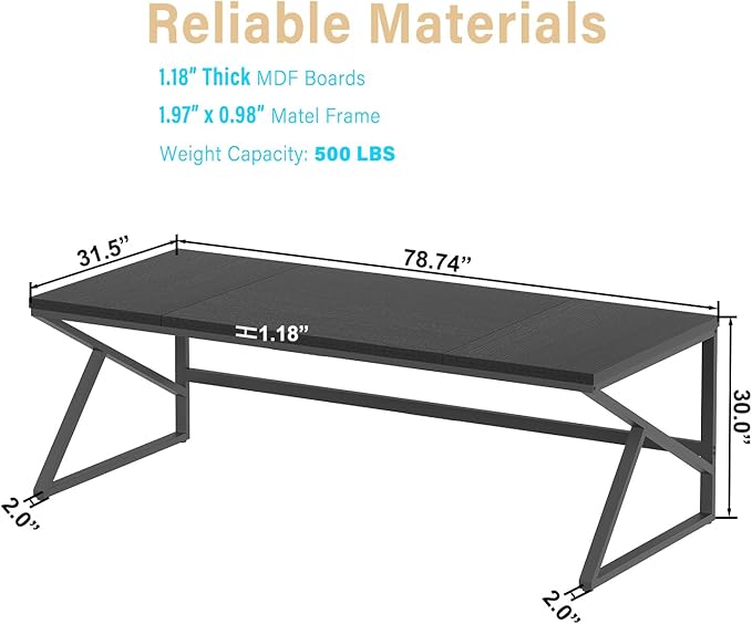 HSH Extra Long Black Computer Desk, 78 inch Large Home Office 2 person Desk, Industrial Metal Wood double Desk for Executive Work Writing Study, Modern Black Bedroom Living Room PC Laptop Gaming Table