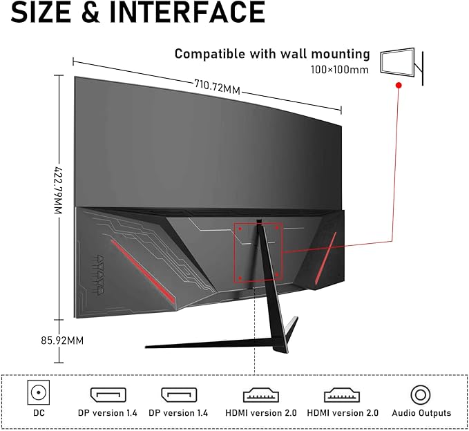 Gawfolk 32 Inch 4K UHD Curved 1500R Computer Monitor, Ultra-Clear (3840×2160p) Screen, 100% sRGB, 178° Viewing Angle, DisplayPort, HDMI, Compatible with Wall Mounting 100 * 100MM - Black
