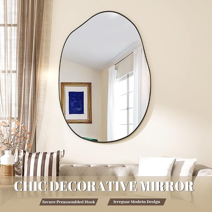 BEAUTYPEAK Asymmetrical Mirror, 22 x 32 Inches Irregular Wall Mirror, Wood Frame Unique Shape Wall Mounte, Decorative for Living Room Bedroom Entryway Hallway