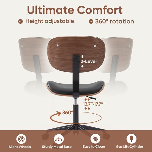 Bestier Small Office Chair - Armless Desk Chair with 360° Swivel & Bentwood Back Support | Height Adjustable, Black PU Leather for Small Spaces