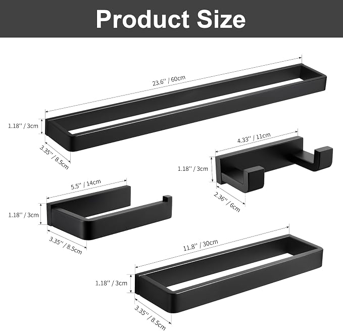YACVCL 4-Piece Matte Black Bathroom Hardware Accessories Set, Bath Towel Bar Set SUS304 Stainless Steel, Round Towel Racks for Bathroom Wall Mounted