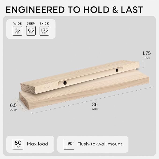 Homeforia 36 inch Wood Floating Shelves, High End Solid Natural Wood 36inch Large Floating Shelf Bathroom, Unfinished Wooden Floating Shelves for Wall, Heavy Duty Bracket, 36 X 6.5 X 1.75 in, Set of 3