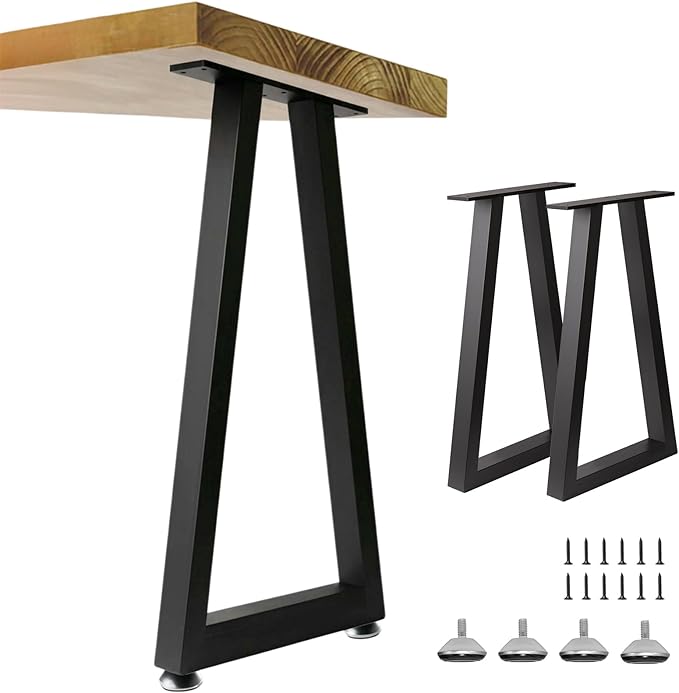 Metal Table Legs 28x17.7 Inch Trapezoid Desk Legs, Heavy Duty Industrial Steel Furniture Feet Set of 2 for DIY Kitchen Table Base, Console, Computer Desks (Black)