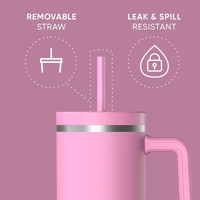 Hydrapeak Voyager 40 oz Tumbler with Handle and Straw Lid | Reusable Stainless Steel Water Bottle Travel Mug Cupholder Friendly | Insulated Cup (Bubblegum)