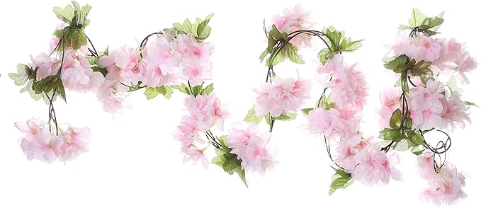 2Pcs Artificial Cherry Blossom Flower Garland Silk Fake Hanging Flower Vines for Home Wedding Decoration 7.2FT, Light Pink