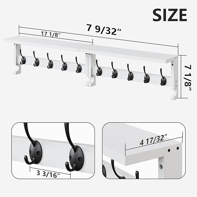 AMBIRD Coat Rack Wall Mount with Shelf, Coat Hook Rack Wall Mounted, Hat Wall Hooks for Hanging in Entryway, Living Room, Bathroom, Bedroom (White)