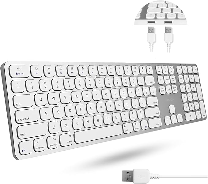 Macally Premium Wired Mac Keyboard with 2 Port Hub - Full Size with Numeric Keypad - Extended USB Keyboard for Mac mini/Pro, iMac, MacBook Pro/Air (Silver Aluminum)