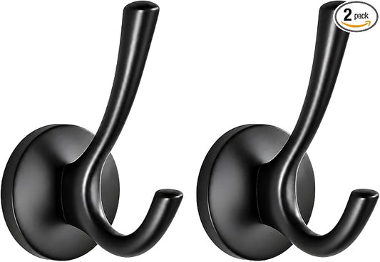Towel Hooks-Coat Robe Hooks-Heavy Duty Metal Double Bathrobe Hook-Black Towel Hooks for Bathrooms-Kitchen Closet Garage（2Pcs Black）