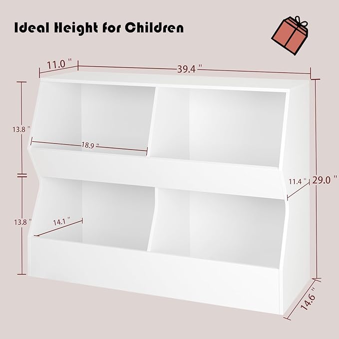 DINZI LVJ Kids Bookshelf, Toy Storage Organizer, Wooden Toy Cabinet, 4 Cubby Children Bookcase, 39.4" L Toddler Book Shelf for Bedroom, Nursery, Hallway, School, White