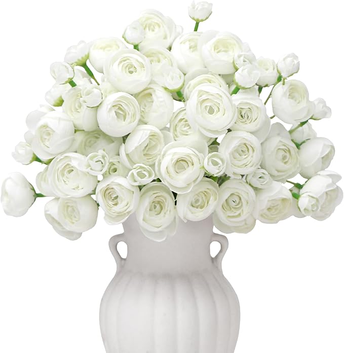 Ranunculus Artificial Flower White Faux Silk Mini Peony Flowers Fake Peonies Wedding Flowers DIY Bouquet for Centerpieces Arrangements Bridal Shower Decorations 18 Pcs(White)
