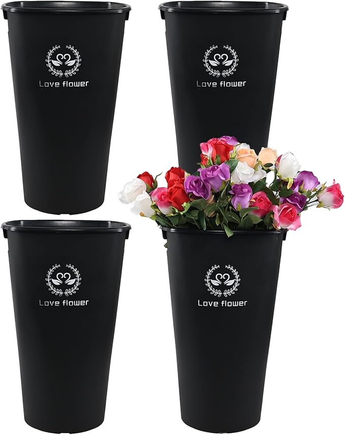 20 Inch Plastic Large Wedding Flower Bucket, 4-Pack Farmhouse French Flower Buckets, Black