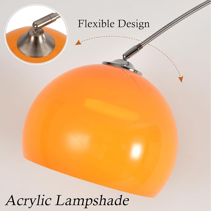 Orange Arc Floor Lamp with Acrylic Shade,Arch Reading Lamp Floor Standing,Mid Century Modern Orange Standing Lamp for Living Room Bedroom