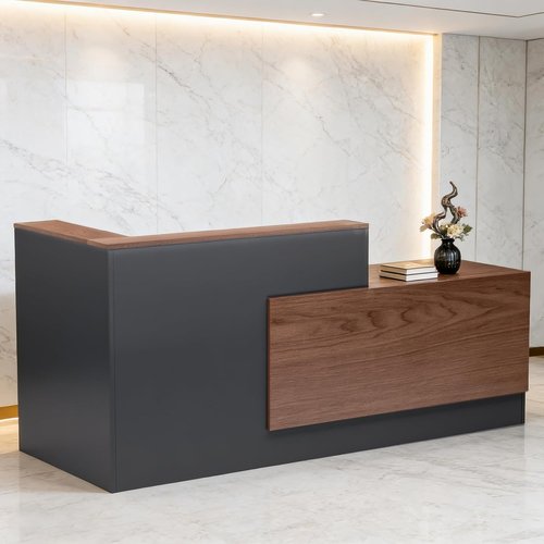 **Skiennix L-Shaped Reception Desk - Modern Wooden Design with Storage Shelves | Brown & Black, 71''L x 42''W x 41''H**