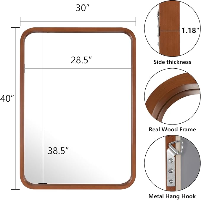 WallBeyond 30x40 Inch Wood Mirror for Bathroom, Wooden Frame Wall Mirror Farmhouse Wall Mounted Rectangle Mirror for Vanity (Horizontal/Vertical Walnut Color)