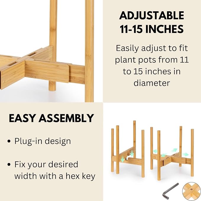 Fox & Fern Large Adjustable Plant Stand Indoor — 11 to 15 Inch Premium Mid Century Bamboo Plant Stand; Plug In Design; Easy Assembly; Two Heights - For 11, 12, 13, 14 & 15 Inch Pots (Not Included)