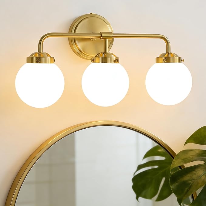 Bathroom Light Fixtures, 18.26'' Gold Vanity Light, Modern Brass 3 Lights Wall Sconce with Milky Glass Globe Shade, Small Bathroom Lighting Fixtures Over Mirror for Bathroom Living Room