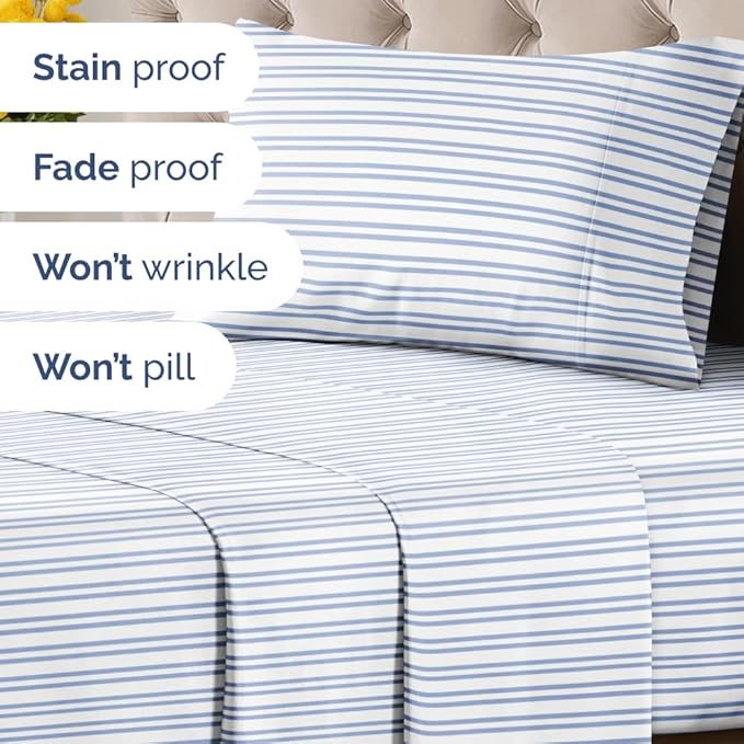 Blue and White Striped Sheets - 1 Flat & 1 Fitted Sheet & 1 Pillowcase w/ Deep Pockets - Comfy, Wrinkle & Fade Resistant - Ultra-Soft, Breathable & Cooling - Luxury Pinstripe Bedding - Twin Size
