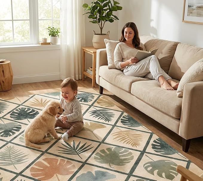 5x7 Area Rug for Living Room，Sage Green Modern Abstract Diamond Leaf Rug Non-Slip Washable Bedroom Dining Room