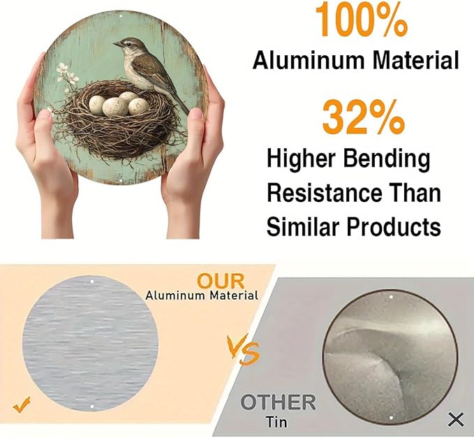 Vintage Bird and Egg in Nest Round Aluminum Sign, 7.98x7.98 Inch Farmhouse Wall Decor with Pre-Drilled Holes, Durable Garden Yard Art for Home,Halloween & Christmas Gifts, Outside Decor