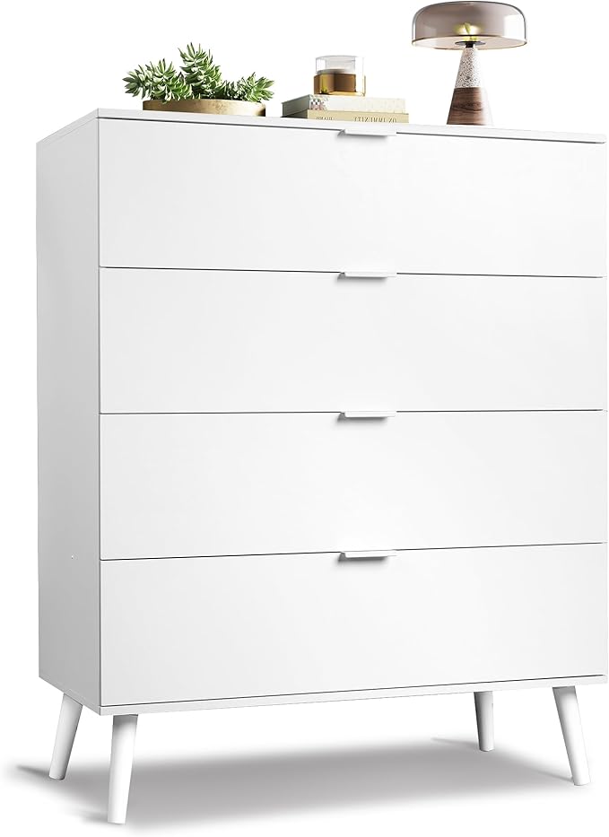 WLIVE 4 Drawer Dresser for Bedroom, Wooden White Tall Dresser, Modern Dressers with Sturdy Metal Handle, Small Chest of Drawers for Living Room, Hallway