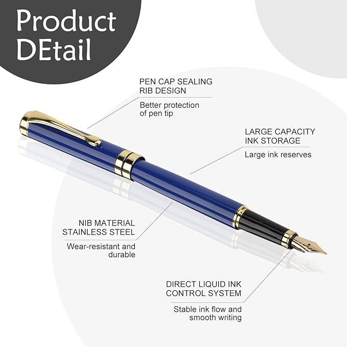 Tiankool Luxury Fountain Pen,Fine Nib, Exquisite Pen Gift Set for Men&Women-Includes 10 Ink Cartridges&Ink Converter- Nice Pens - Blue