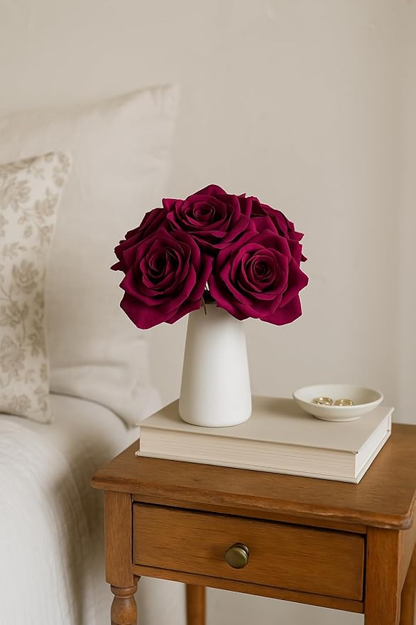 12-Piece Faux Real Touch Rose Bouquet with Ceramic Vase, Fake Flowers in Vase, Artificial Flowers for Home, Wedding, Bridal Bouquet, Party & Dining Table Centerpiece Decor (Burgundy, 10" High)