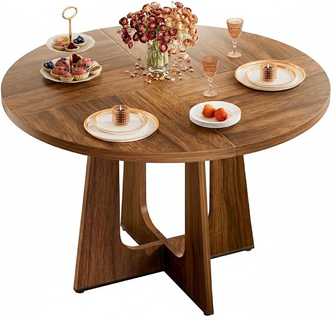 47" Round Dining Table for 4-6, Farmhouse Wood Kitchen Table, Mid-Century Wooden Circle Dinner Room Table Easy Assembly for Dining Room, Kitchen, Living Room (Brown)