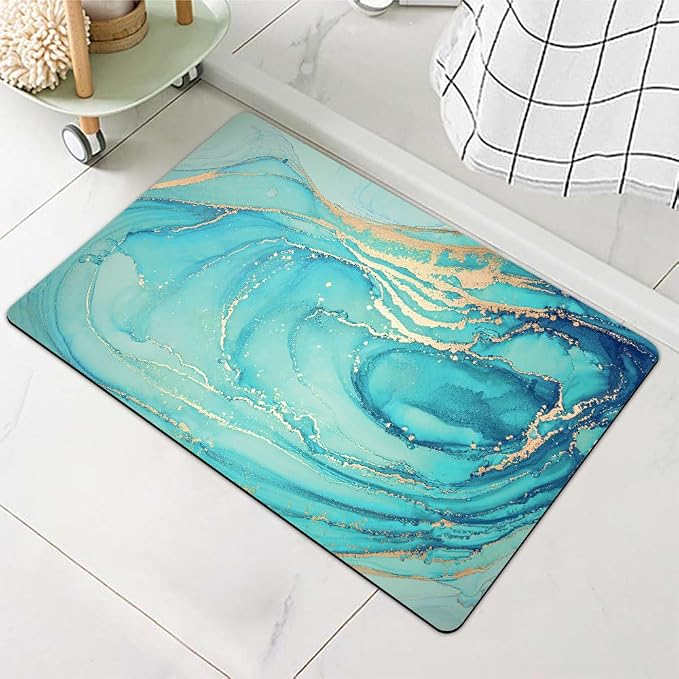 Diatomaceous Earth Bath Mat,Turquoise Marble Non-Slip Volume Super Absorbent Fast Drying for Bathroom Kitchen Door mat,Eco-Friendly Easy to Clean 20×31Inch (50 * 80cm)