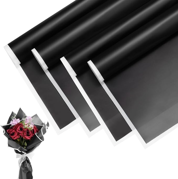 M METERXITY 20 Sheets Flower Wrapping Paper Bouquet 23 Inch Black White Edge BOPP Waterproof Floral Wrapping Paper Flower Packaging DIY for Wedding/Party/Birthday/Gift Bouquet Wrap Paper