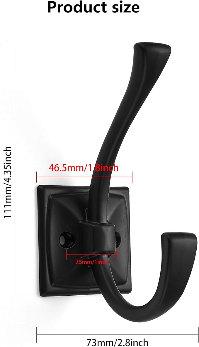 2 Pack Decorative Heavy Duty Towel Hooks for Hanging Robe Double Matte Black Coat Hooks Wall Mounted with Screws for Key, Towel, Bags, Cup, Hat