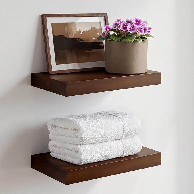 Homeforia Walnut 12 inch Floating Shelf, High End Solid Real Wood Small 12inch Floating Shelves for Wall Mounted, Dark Brown 12in Floating Shelves, Heavy Duty Bracket, 12 X 6.5 X 1.75 inches, Set of 2