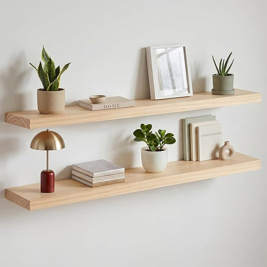 Homeforia 42 inch Natural Floating Shelf, High End Solid Real Wood 42inch Small Floating Shelves for Wall Mounted, Natural Wooden Floating Shelves, Heavy Duty Bracket, 42 X 6.5 X 1.75 in, Set of 2