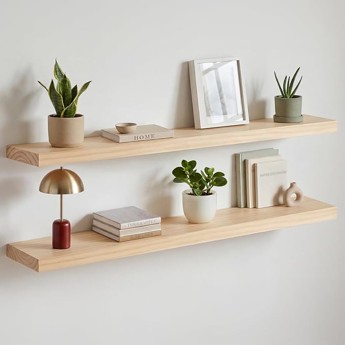 Homeforia 42 inch Natural Floating Shelf, High End Solid Real Wood 42inch Small Floating Shelves for Wall Mounted, Natural Wooden Floating Shelves, Heavy Duty Bracket, 42 X 6.5 X 1.75 in, Set of 3