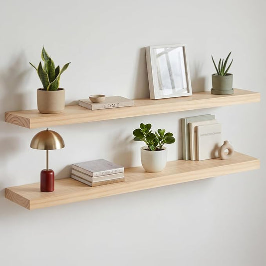 Homeforia 42 inch Natural Floating Shelf, High End Solid Real Wood 42inch Small Floating Shelves for Wall Mounted, Natural Wooden Floating Shelves, Heavy Duty Bracket, 42 X 6.5 X 1.75 in, Set of 3