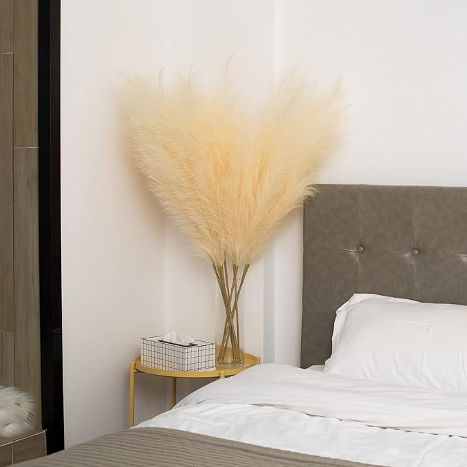 Faux Pampas Grass 6 Stems, Artificial Pampas Grass - 43 inch Total Extra Large Pompass Grass Tall Pompous Boho Flower Arrangement and Floor Vase Filler Home Decor for Room Wedding Party