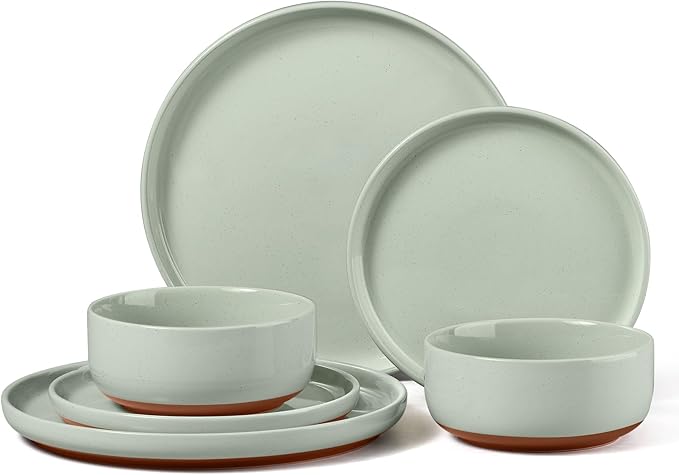 E-far 6-Piece Stoneware Dinnerware Sets, Plates and Bowls Sets for 2, Ceramic Dishware Dishes Set with Terracotta Base, Chip & Scratch Resistant, Microwave & Dishwasher Safe, Speckled Green