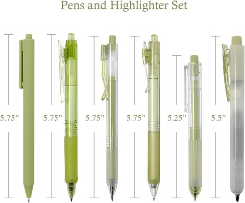 Allydrew Retractable Rollerball Pens & Highlighter Set - 0.5mm Black Gel Ink, Green (Set of 6)